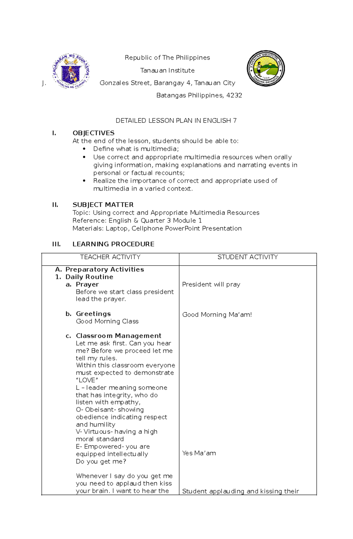 Detailed Lesson PLAN IN English 7 - Republic of The Philippines Tanauan ...