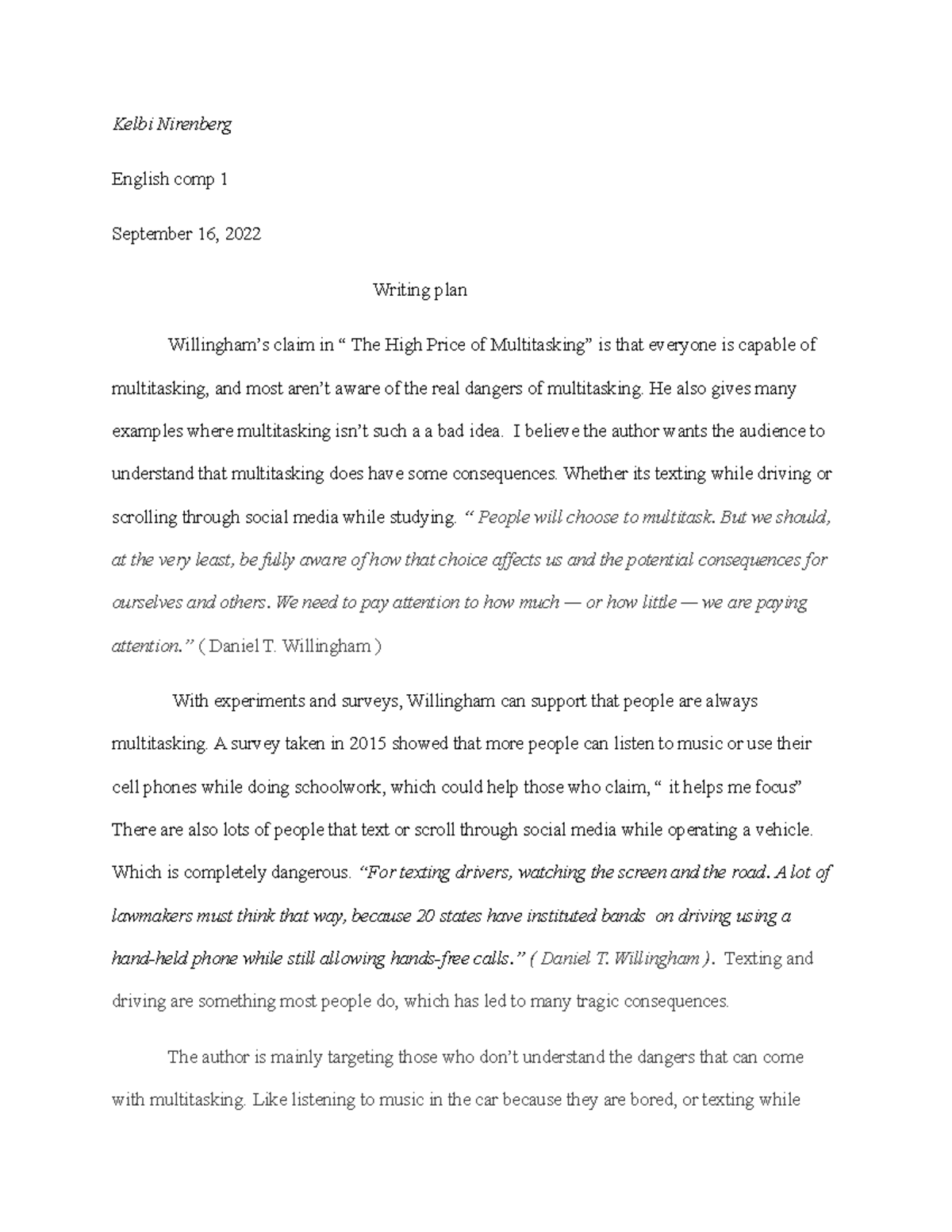 English comp 1 - writing plan - Kelbi Nirenberg English comp 1 ...