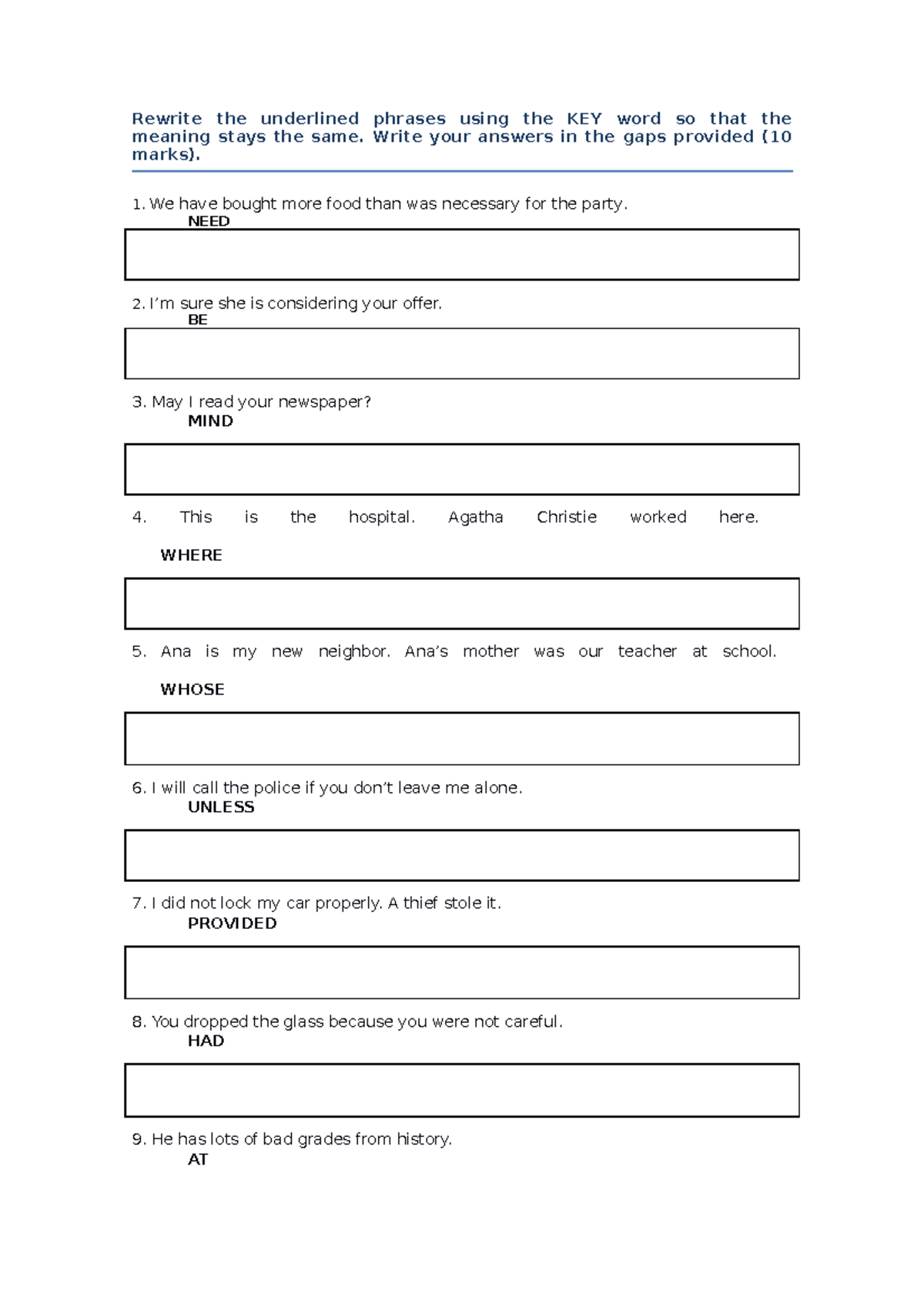 Rewrite Sentences-keys - Rewrite the underlined phrases using the KEY ...