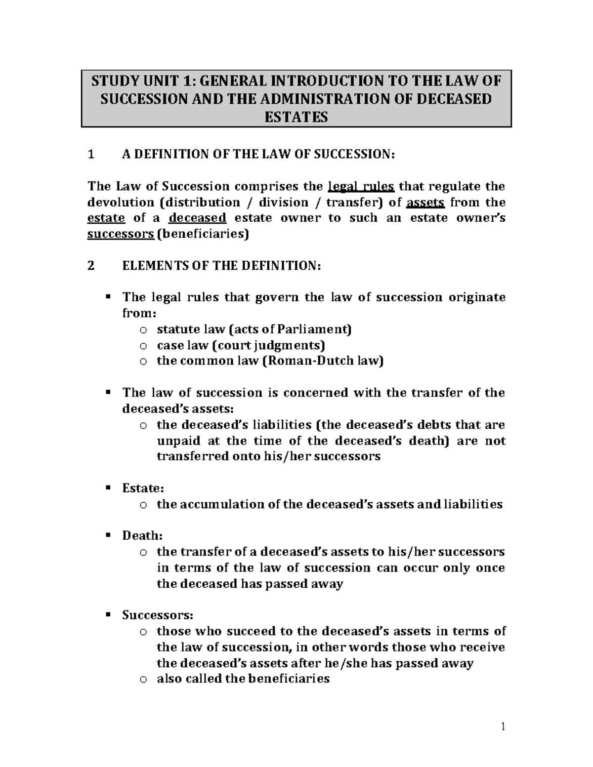 Law of Succession Notes STUDY UNIT 1 GENERAL INTRODUCTION TO THE LAW