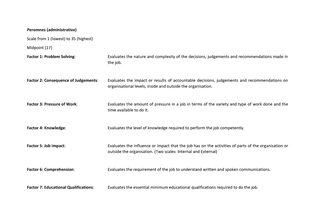 Job evaluation - Lecture notes - Peromnes (administrative) Scale from 1