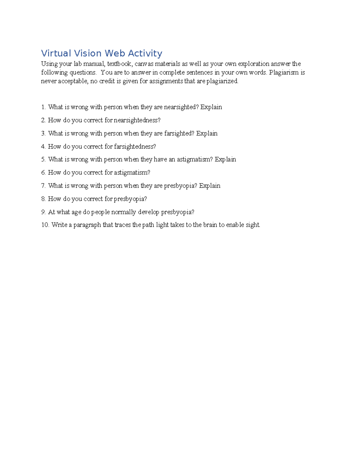 Vision Web Activity-1 - practice - Virtual Vision Web Activity Using ...