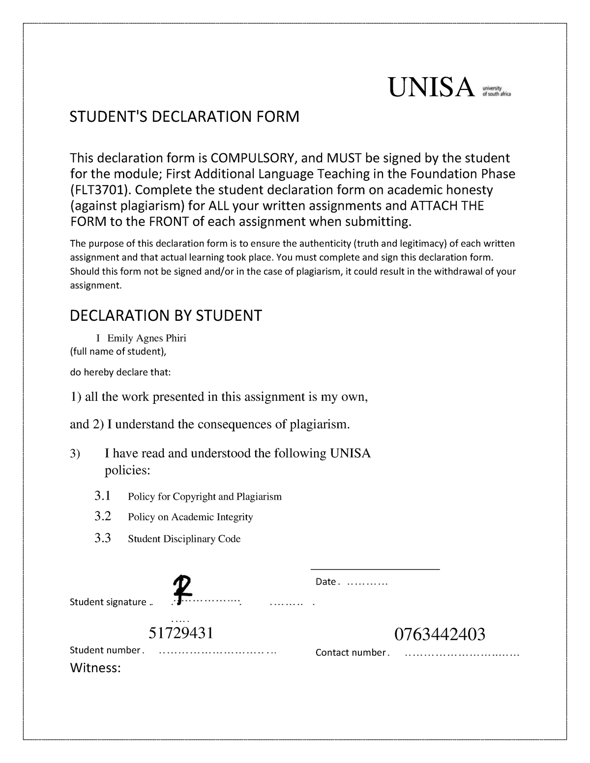 unisa assignment declaration