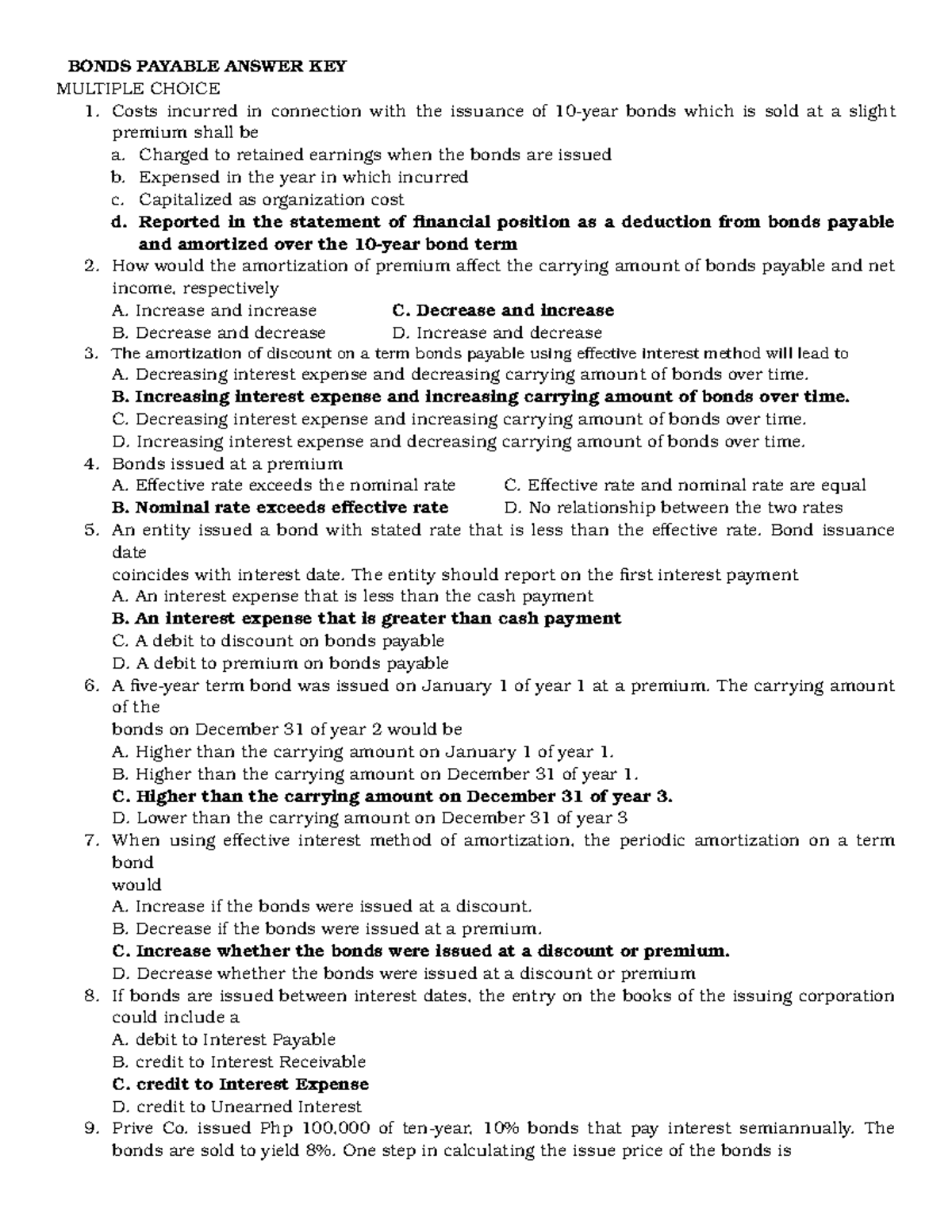 Bonds Payable Answer - BONDS PAYABLE ANSWER KEY MULTIPLE CHOICE Costs ...