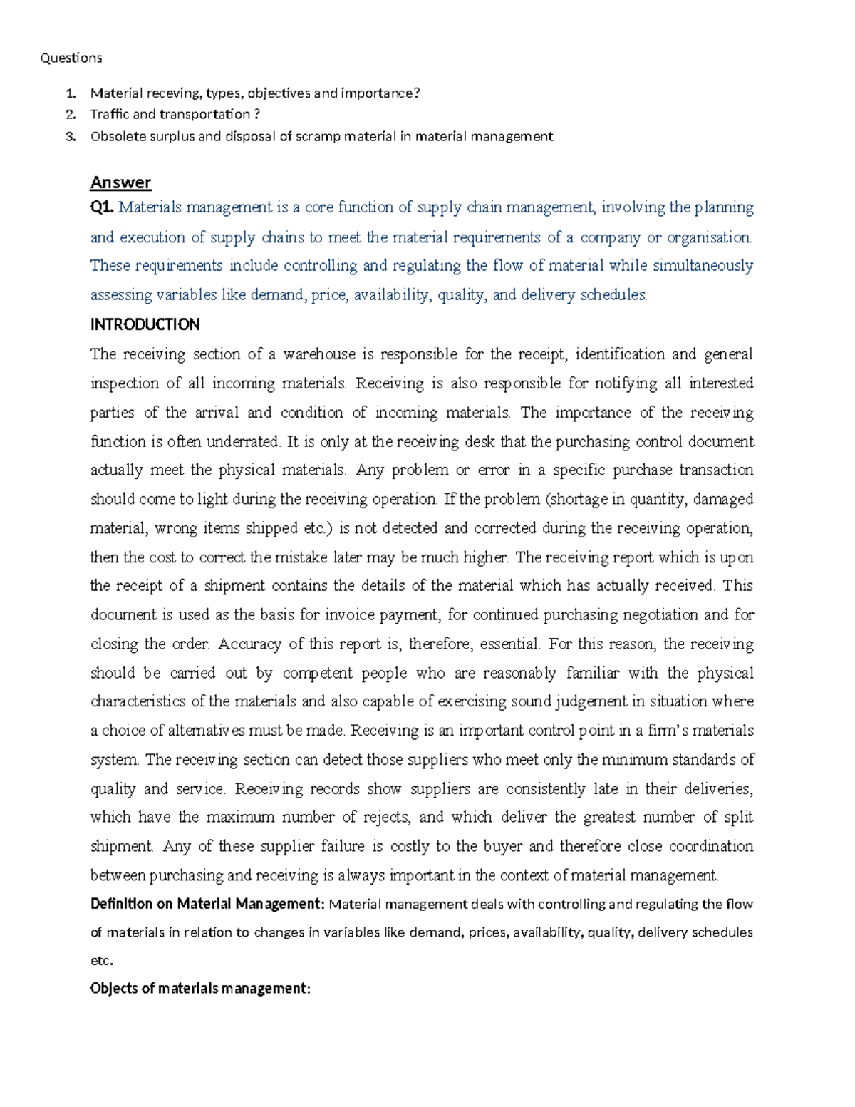 Belaynesh asinment - ncghf hh - Questions 1. Material receving, types ...