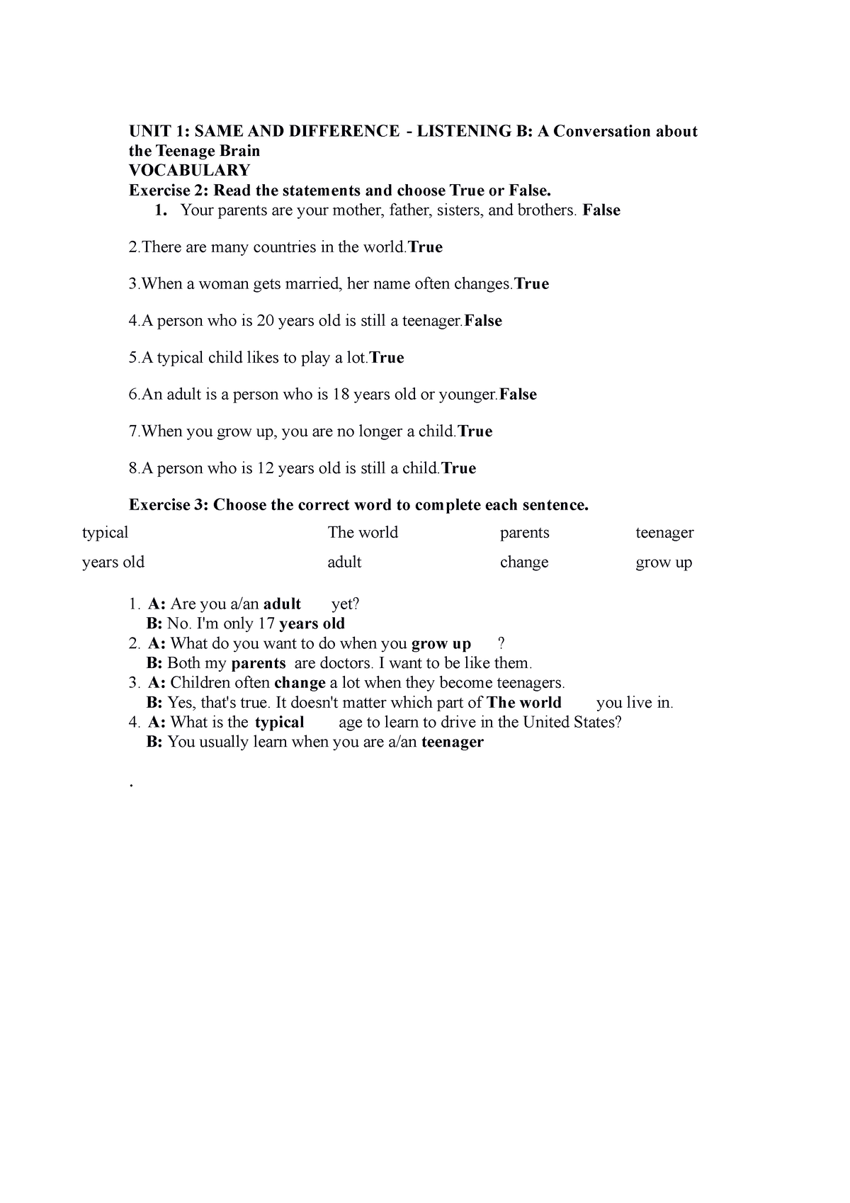 U1. Listening B. Vocabulary - Practice - UNIT 1: SAME AND DIFFERENCE ...