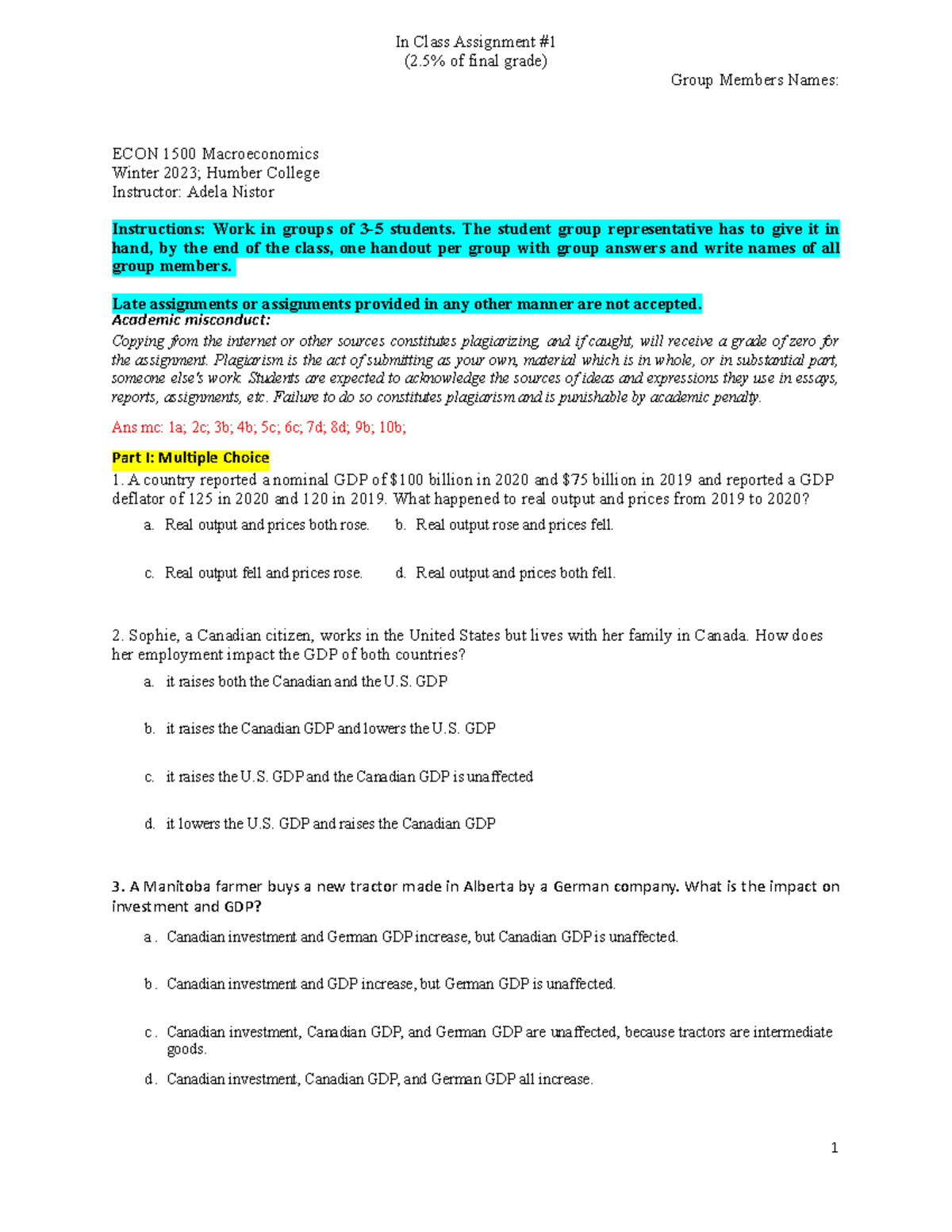 Groupex 1 2023class(1) Pdf - In Class Assignment (2% Of Final Grade ...