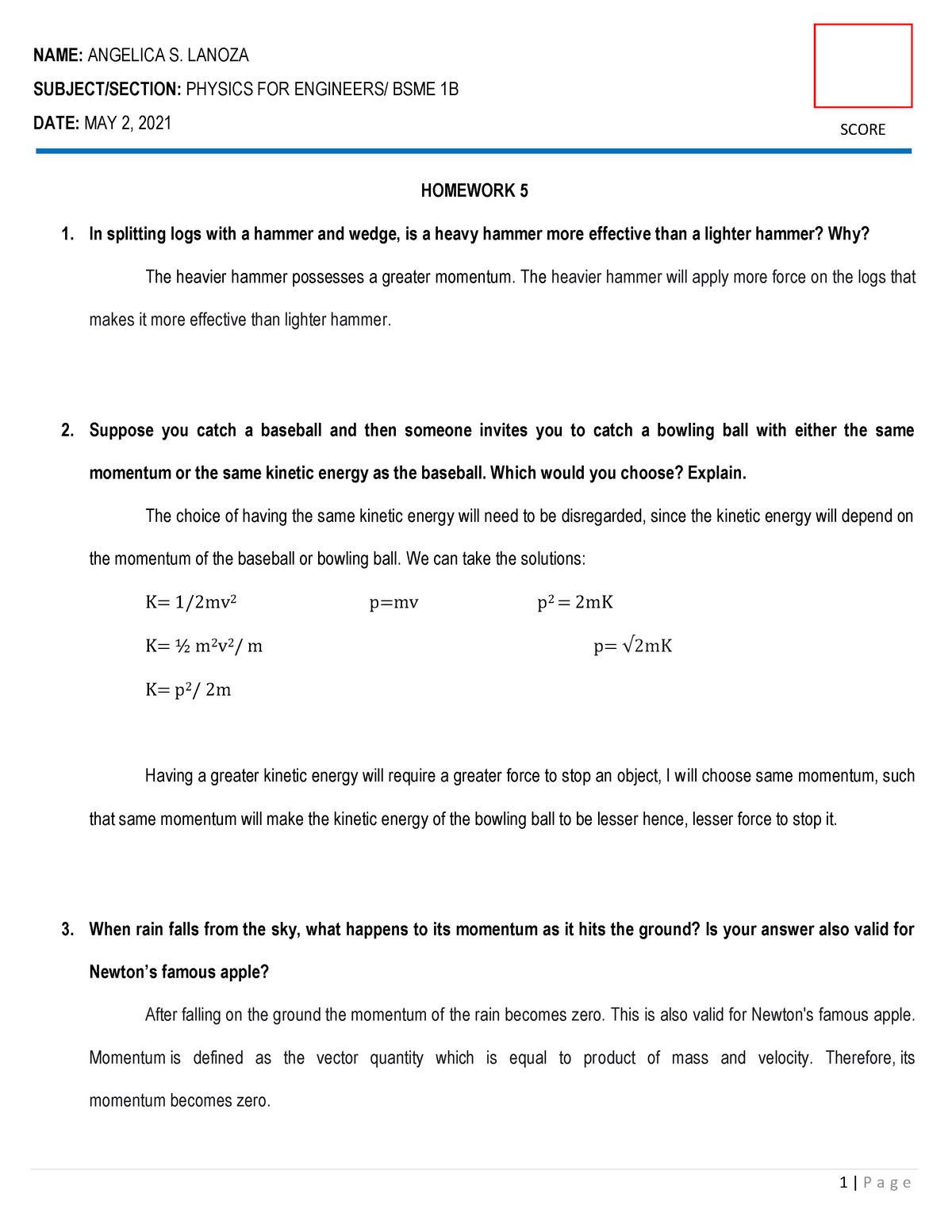 Homework 5 In Physics - College Physics 1 - PangSU - Studocu