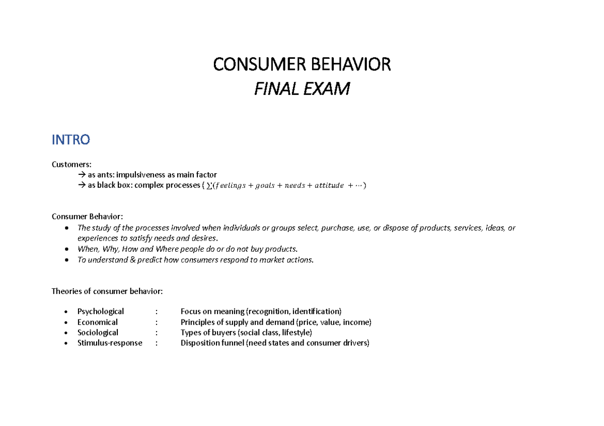 Consumer Behavior - Notes - Final Exam - CONSUMER BEHAVIOR FINAL EXAM ...
