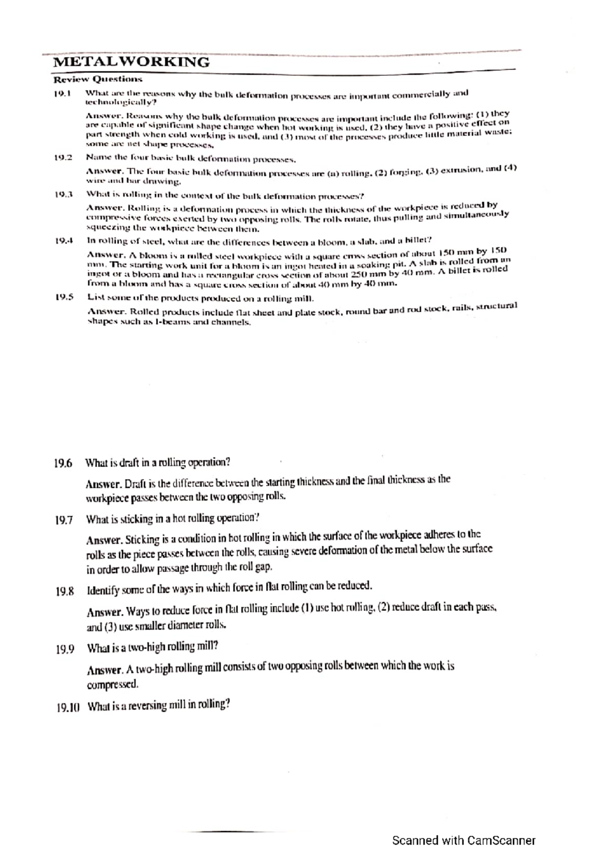 Numerical - Done - METALWORKING Review Questions 19 What are the ...