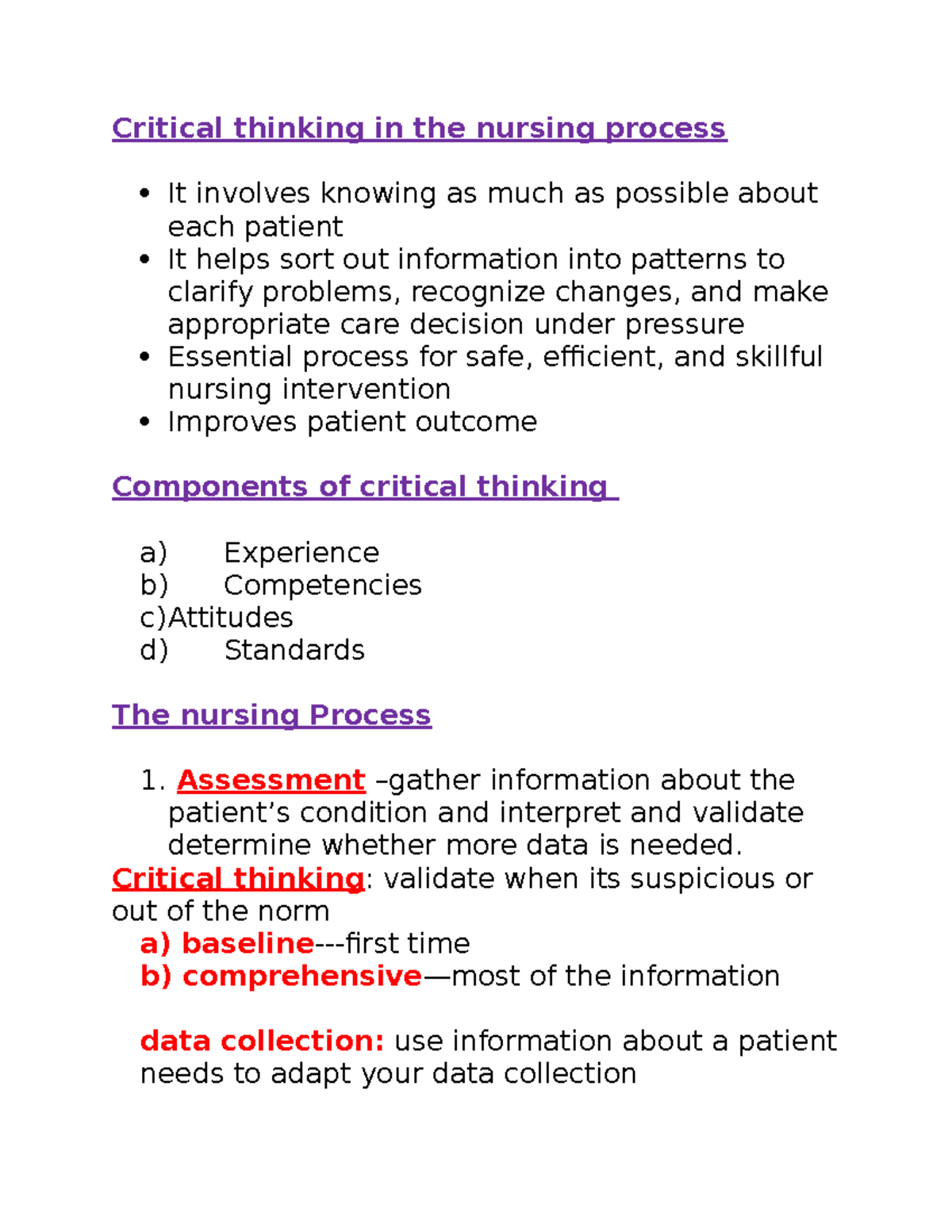 Exam 1 review sheet - Chapter 1-5 - Critical thinking in the nursing ...