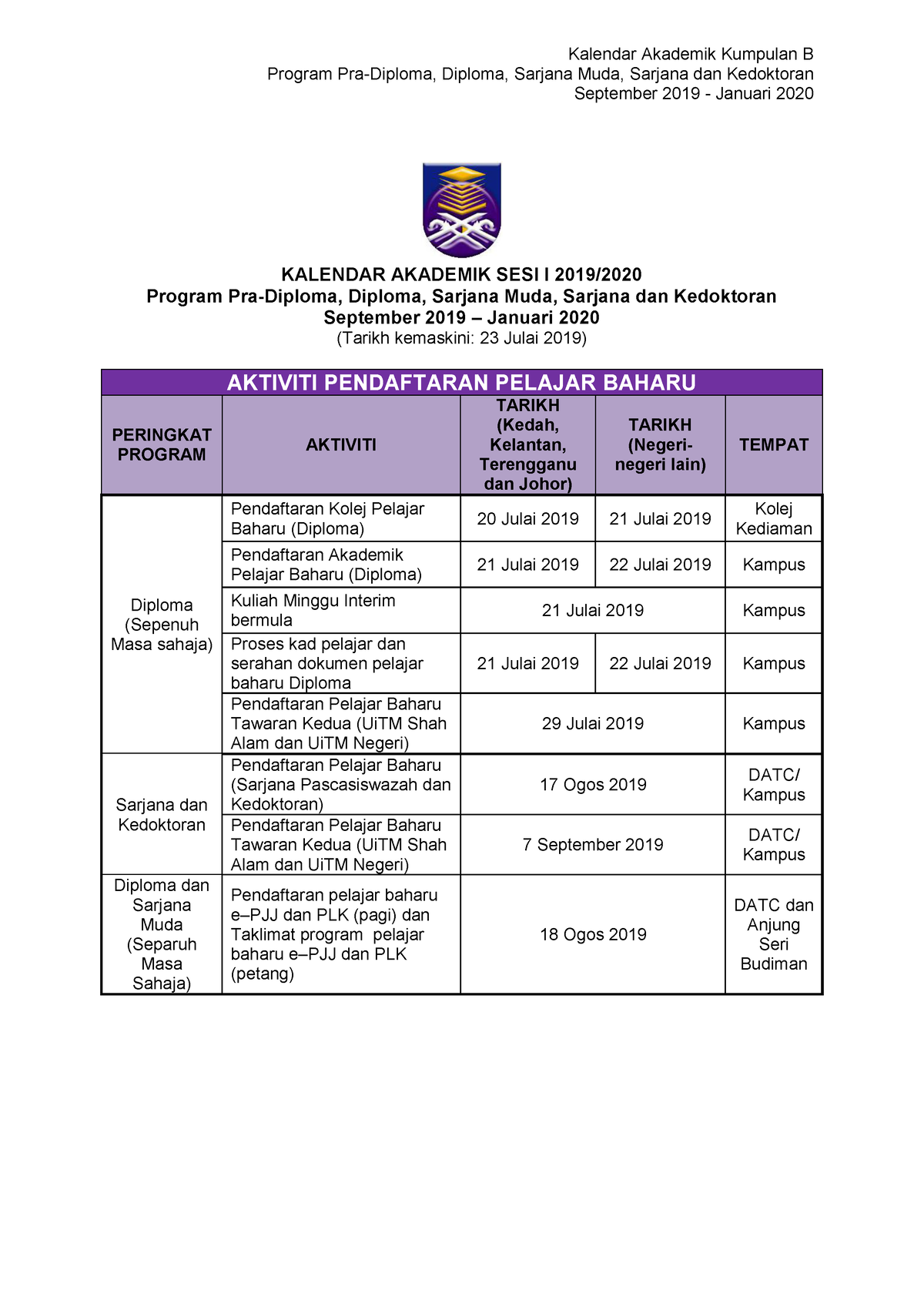 Kalendar Akademik Kumpulan B Program Pra-Diploma, Diploma, Sarjana Muda ...