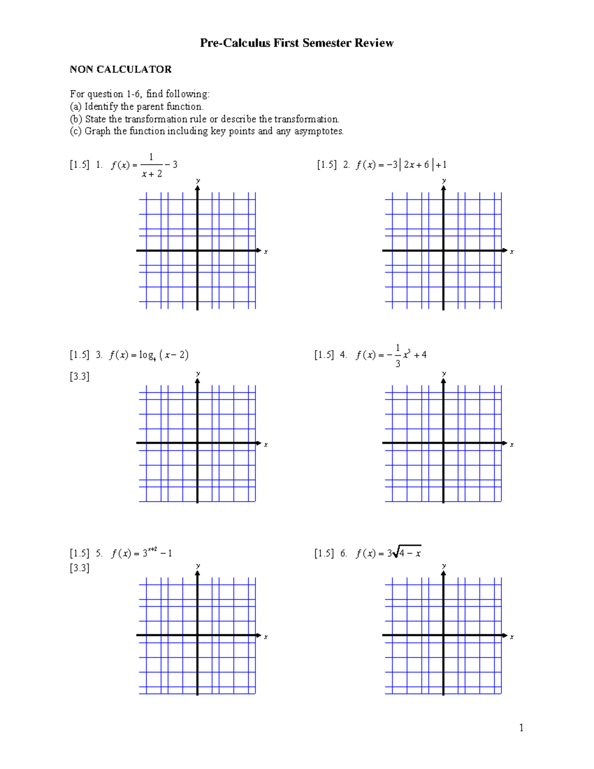 Precalc - 1st Semester Review - Pre-Calculus First Semester Review NON ...