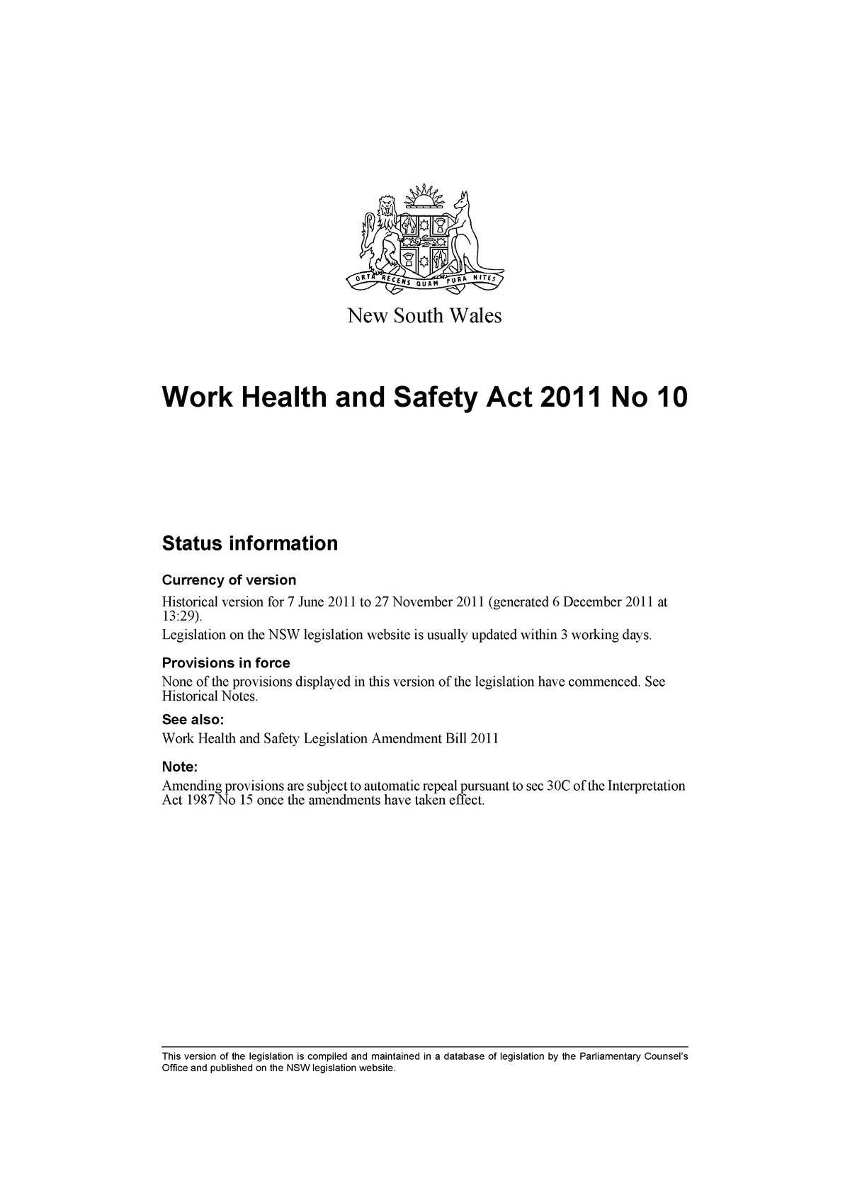 Work Heath And Safety Act 2011 Nsw This Version Of The Legislation Is 