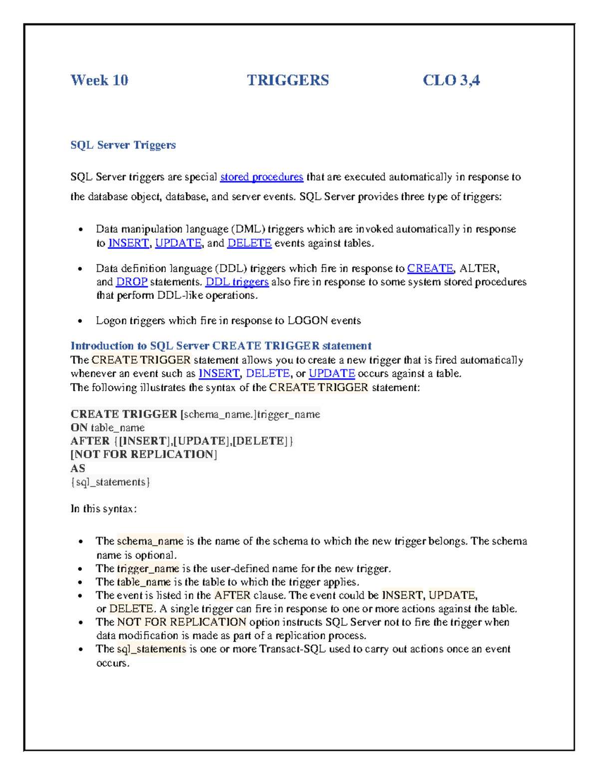 Lab-10 Triggers - Lab manual - Week 10 TRIGGERS CLO 3, SQL Server ...