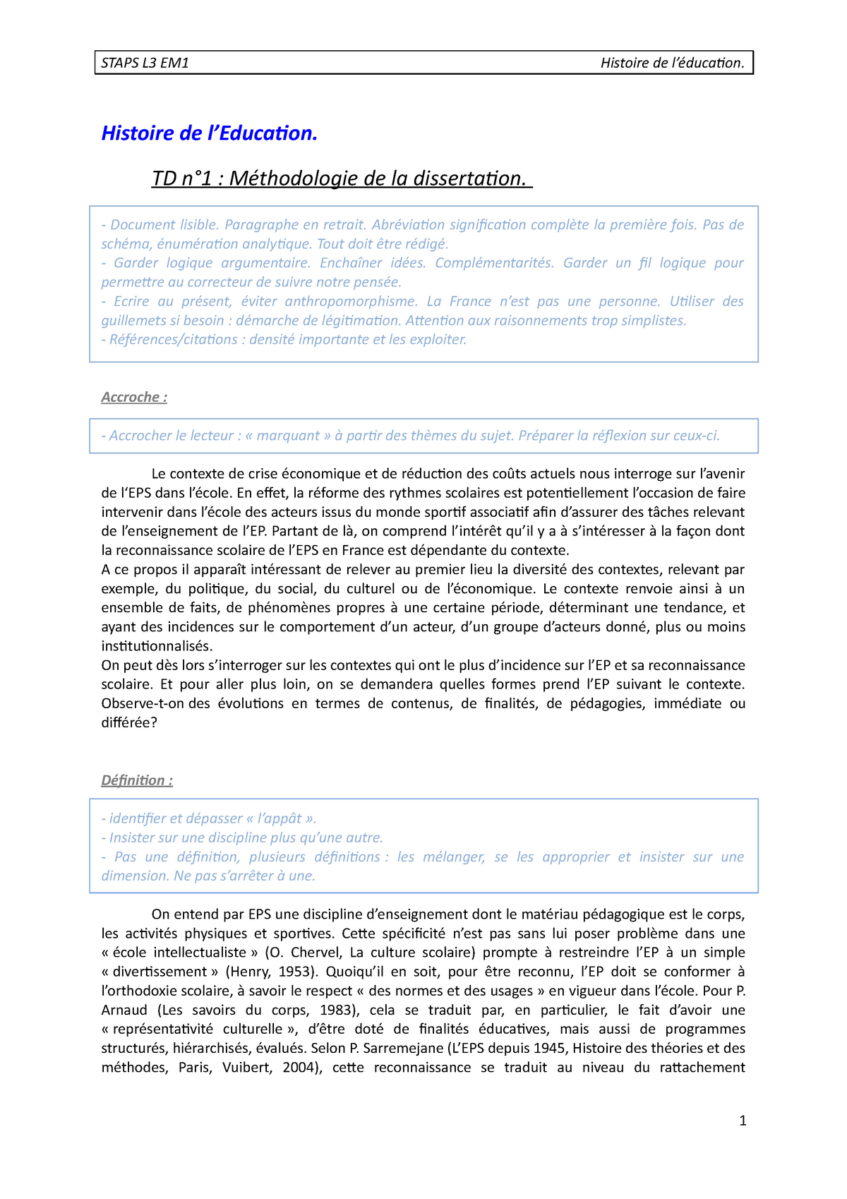 Td N 1 Methodologie Dissertation Staps L3 Em1 Histoire De L Education Histoire De L Education Studocu