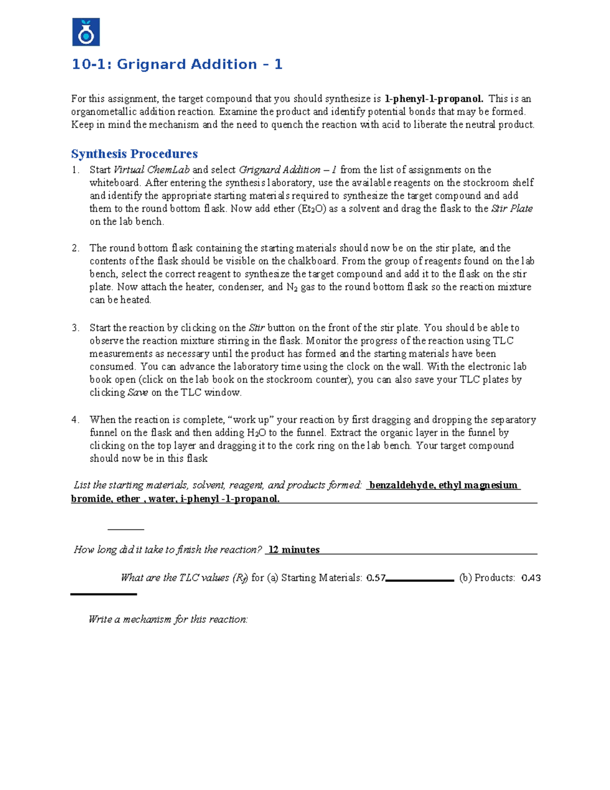 4902054 Grignard Addition - 10-1: Grignard Addition – 1 For this ...
