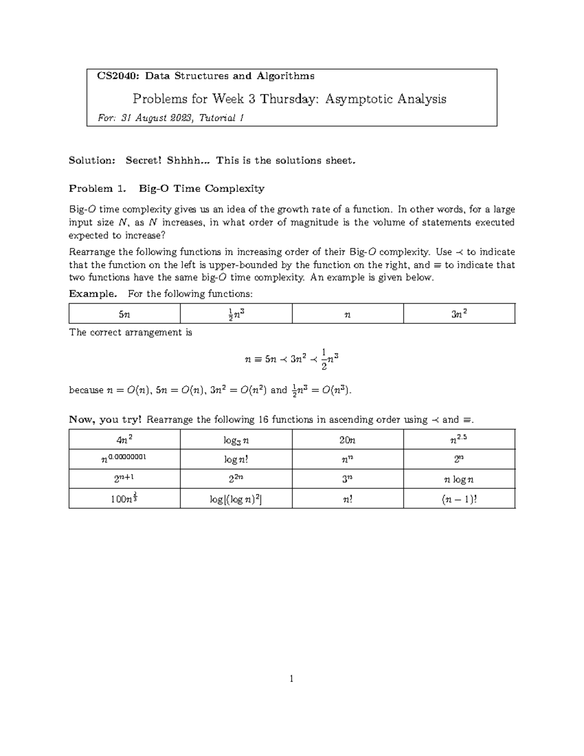 CS2040 Tutorial 1 Ans - Analaysis of Algo ans - CS2040: Data Structures ...