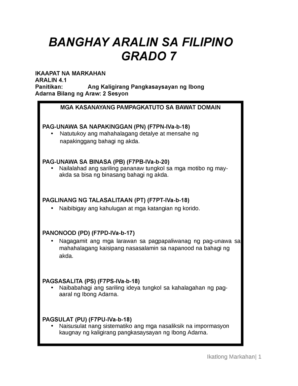 To Guide Banghay Aralin Sa Filipino Grado Ikaapat Na Markahan Aralin Panitikan Ang