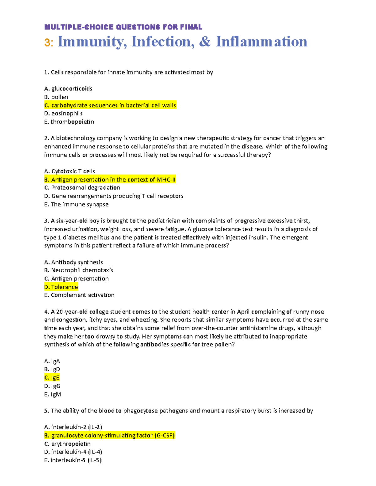 Final Test on Immune System - MULTIPLE-CHOICE QUESTIONS FOR FINAL 3 ...