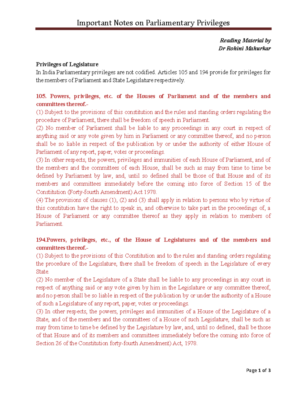Reading Material Privileges 18 - Important Notes on Parliamentary ...