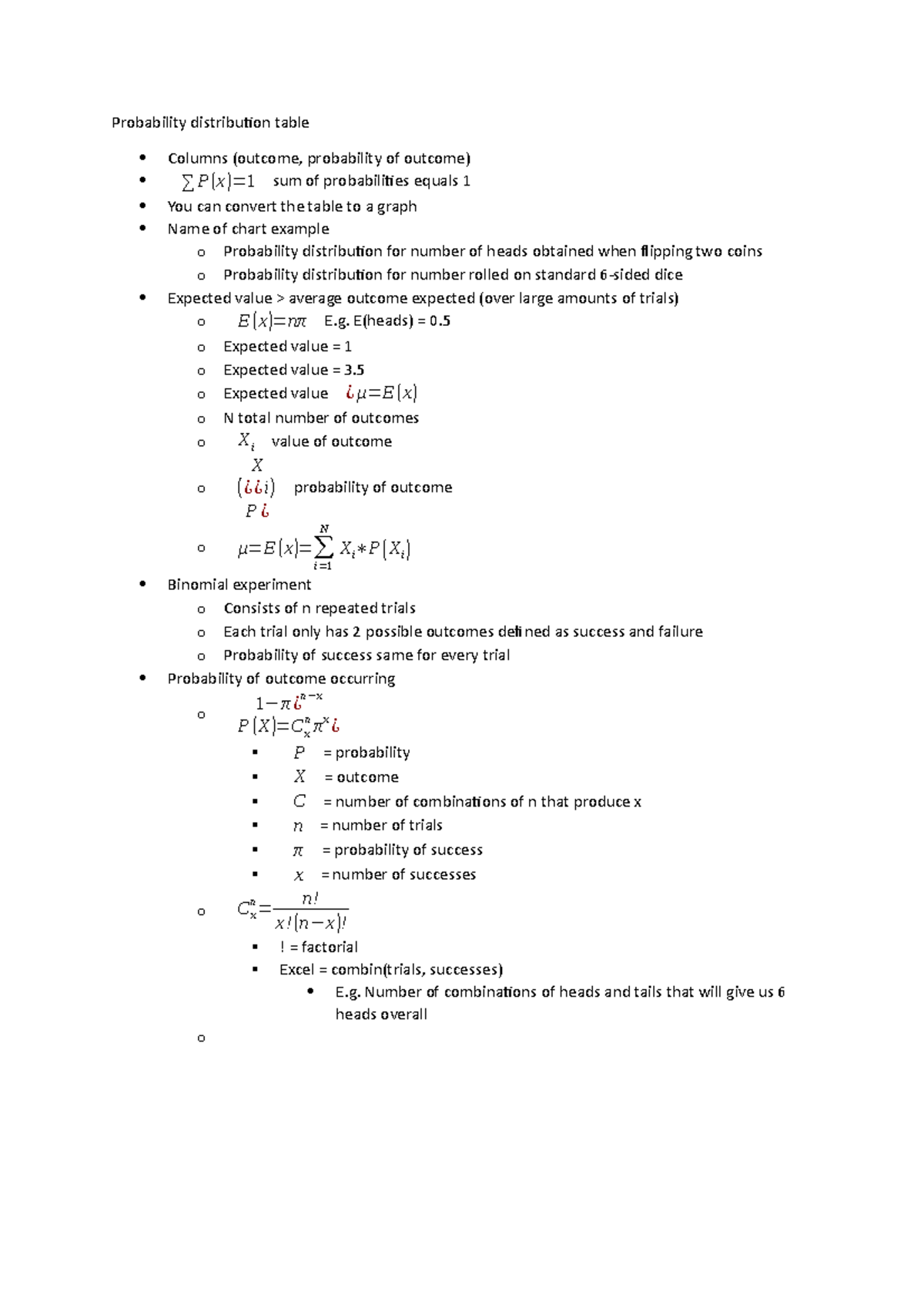 THA 3 Notes - Probability distribution table Columns (outcome ...