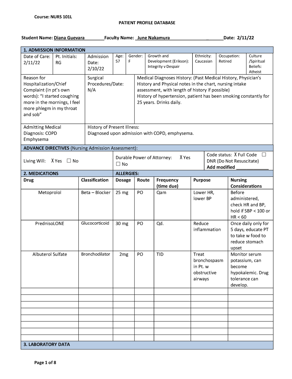 NURS 101L Patient Profile Database Form 1 - PATIENT PROFILE DATABASE ...