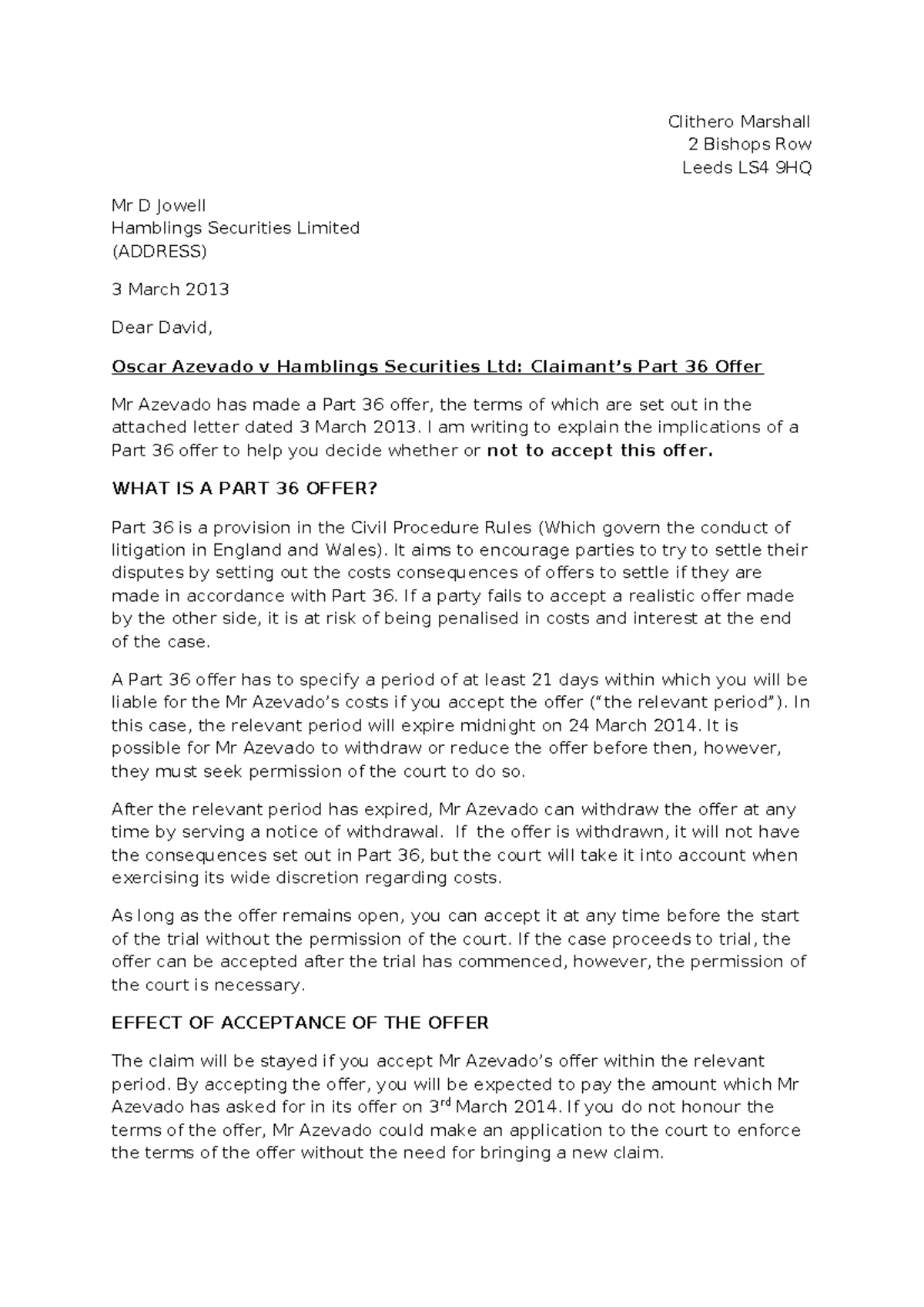 Civil LIT PART 36 Advice Letter - Clithero Marshall 2 Bishops Row Leeds ...