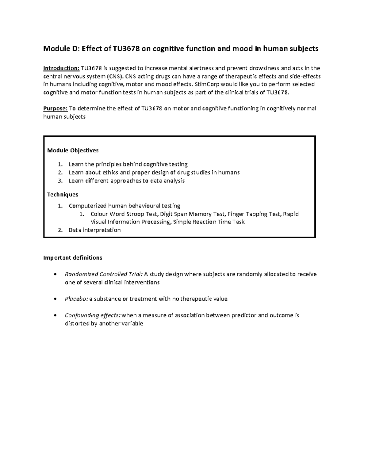 Module D manual Module D Effect of TU3678 on cognitive function and