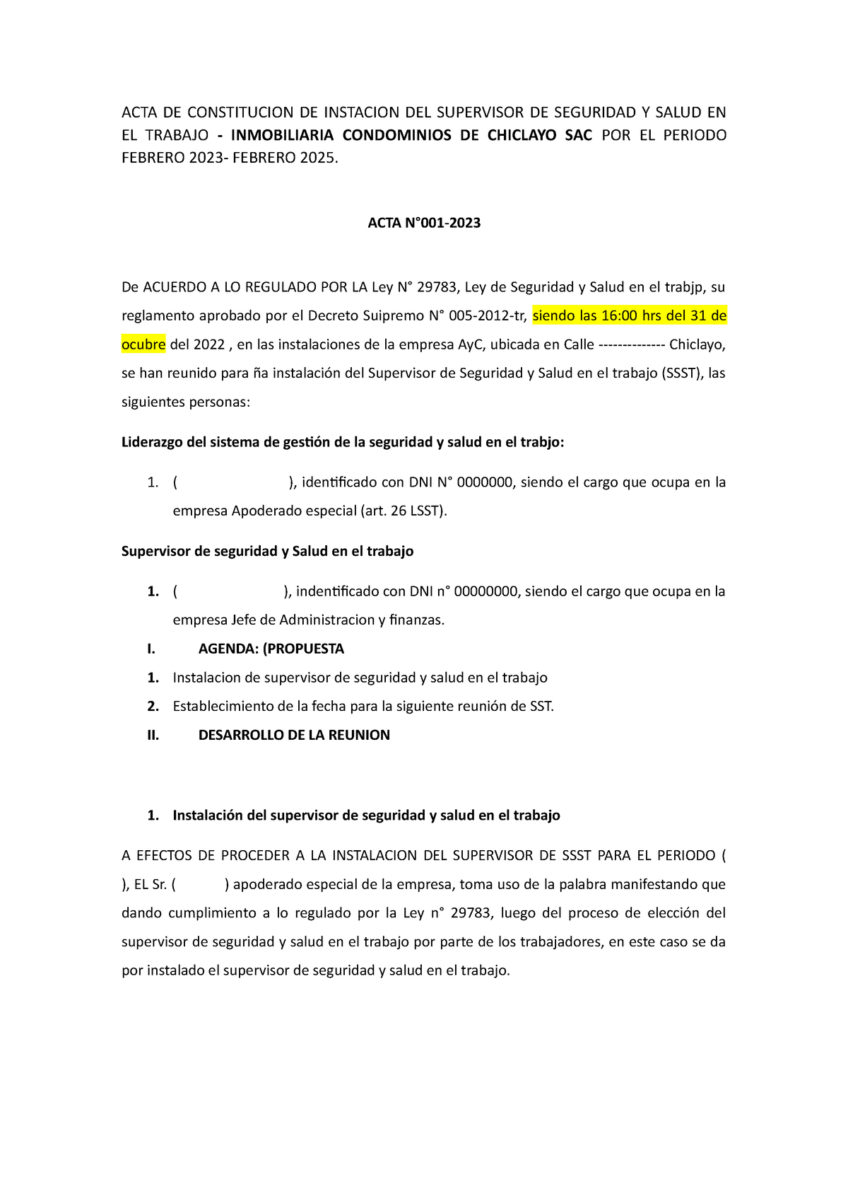 Acta De Constitucion De Instacion Del Supervisor De Seguridad Y Salud