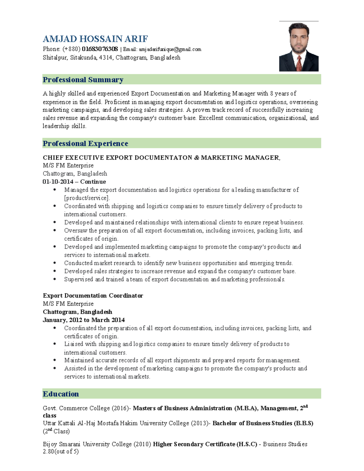 Arif CV - dfdfdf - AMJAD HOSSAIN ARIF Phone: (+880) 01683076308 | Email ...