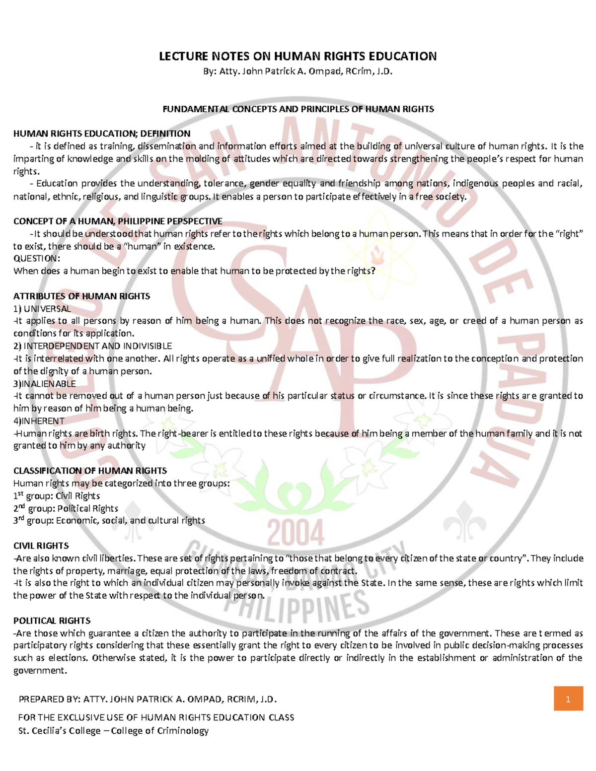 Lecture- Notes-ON- Human- Rightspdf - PREPARED BY: ATTY. JOHN PATRICK A ...