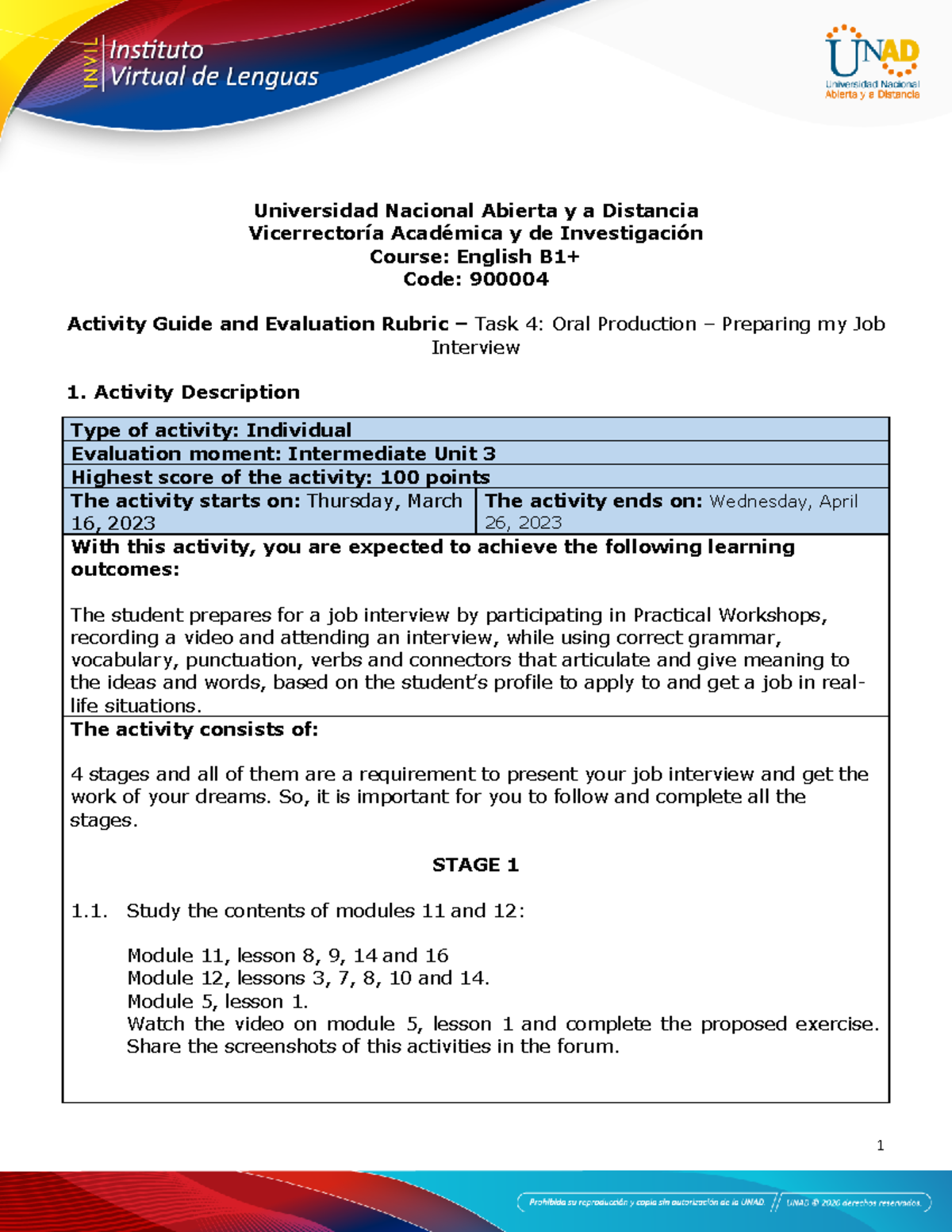 Activity guide and Evaluation rubric - Unit 3 -Task 4 - Oral Production ...