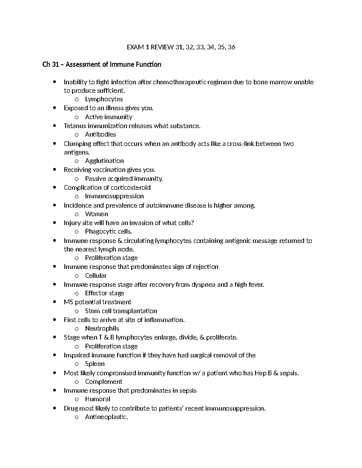 Acute Care Exam 1 Study Guide - EXAM 1 REVIEW 31, 32, 33, 34, 35, 36 Ch ...