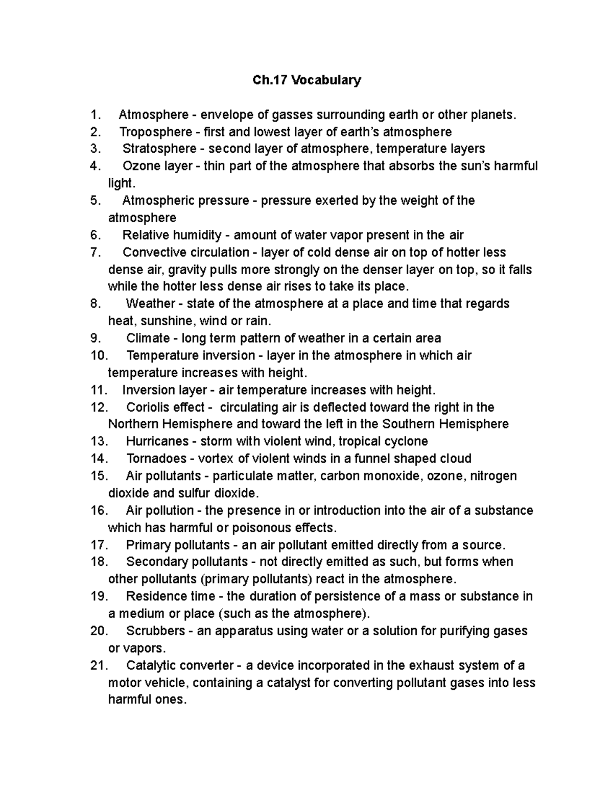 Ch 17 Vocabulary Ch Vocabulary Atmosphere Envelope Of Gasses