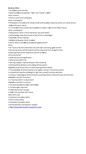 CHapter 1 notes - CHAPTER ONE Ethics and Business Overview Introduction ...