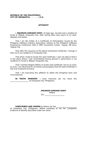 Affidavit Ralen Ornipa Largo REPUBLIC OF THE PHILIPPINES) CITY OF