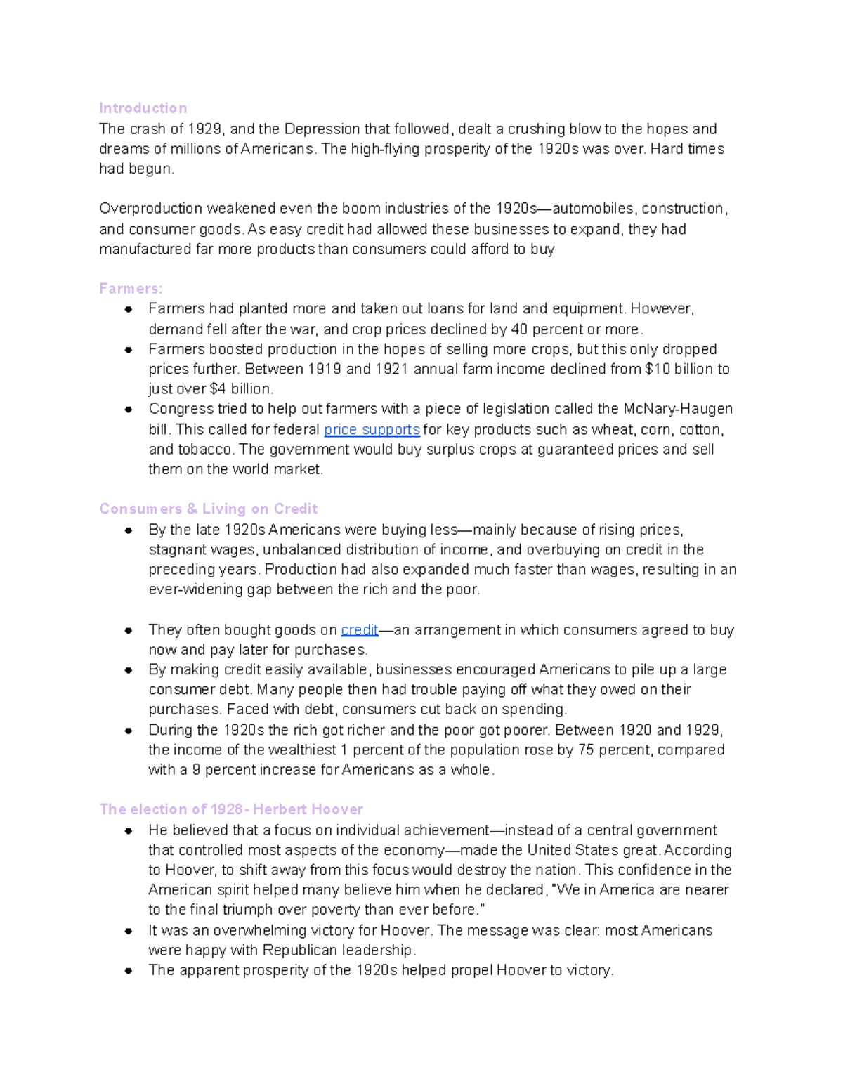 Great Depression Notes Introduction The crash of 1929, and the