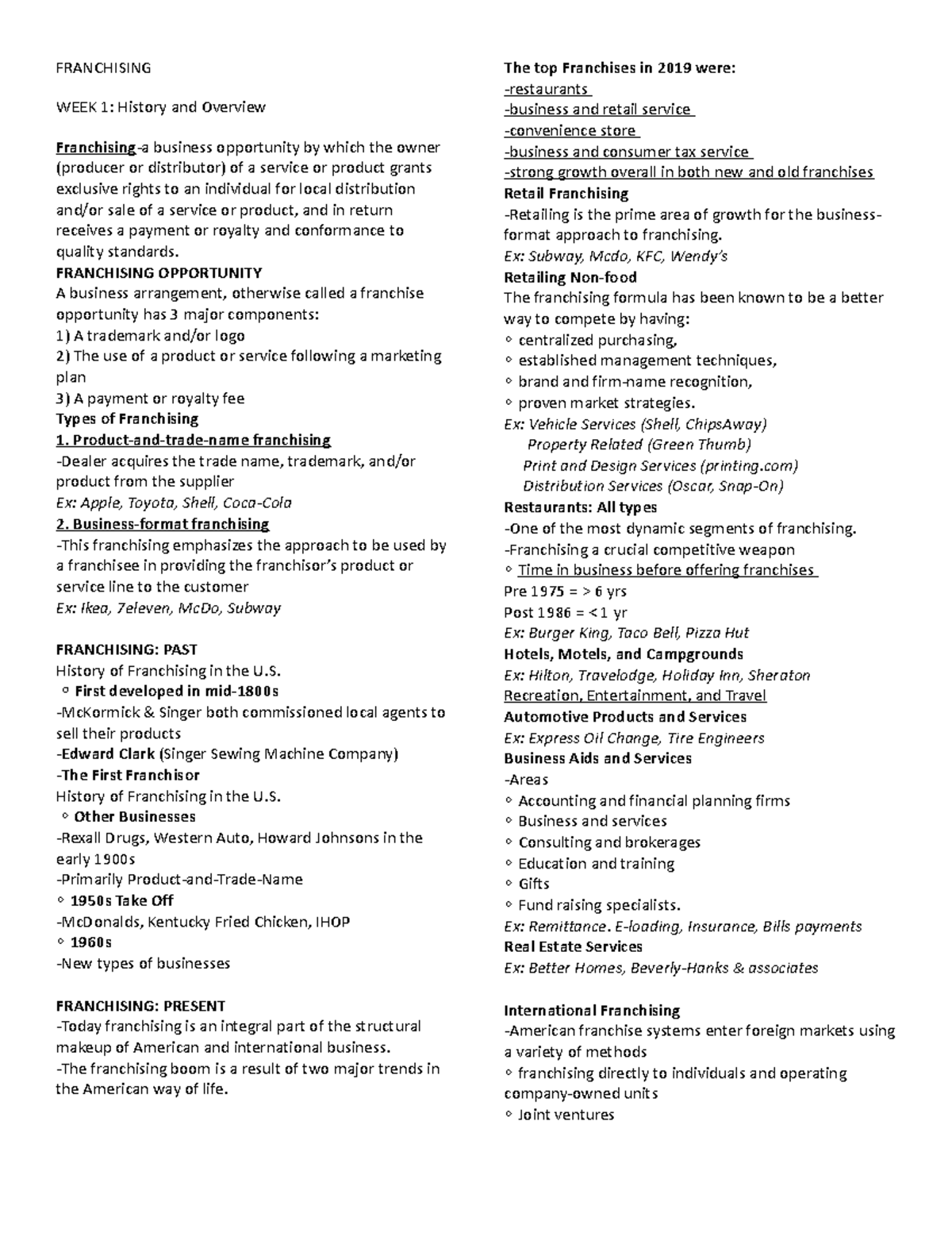 Franchising- Reviewer - FRANCHISING WEEK 1: History and Overview ...