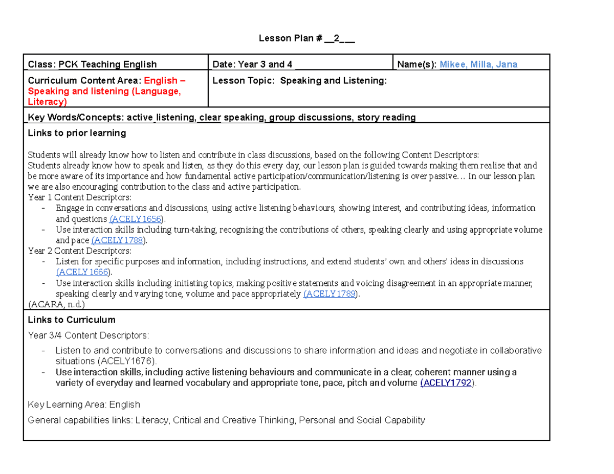 Group 6 Lesson Plan #2 - Lesson Plan # 2_ Class: PCK Teaching English ...