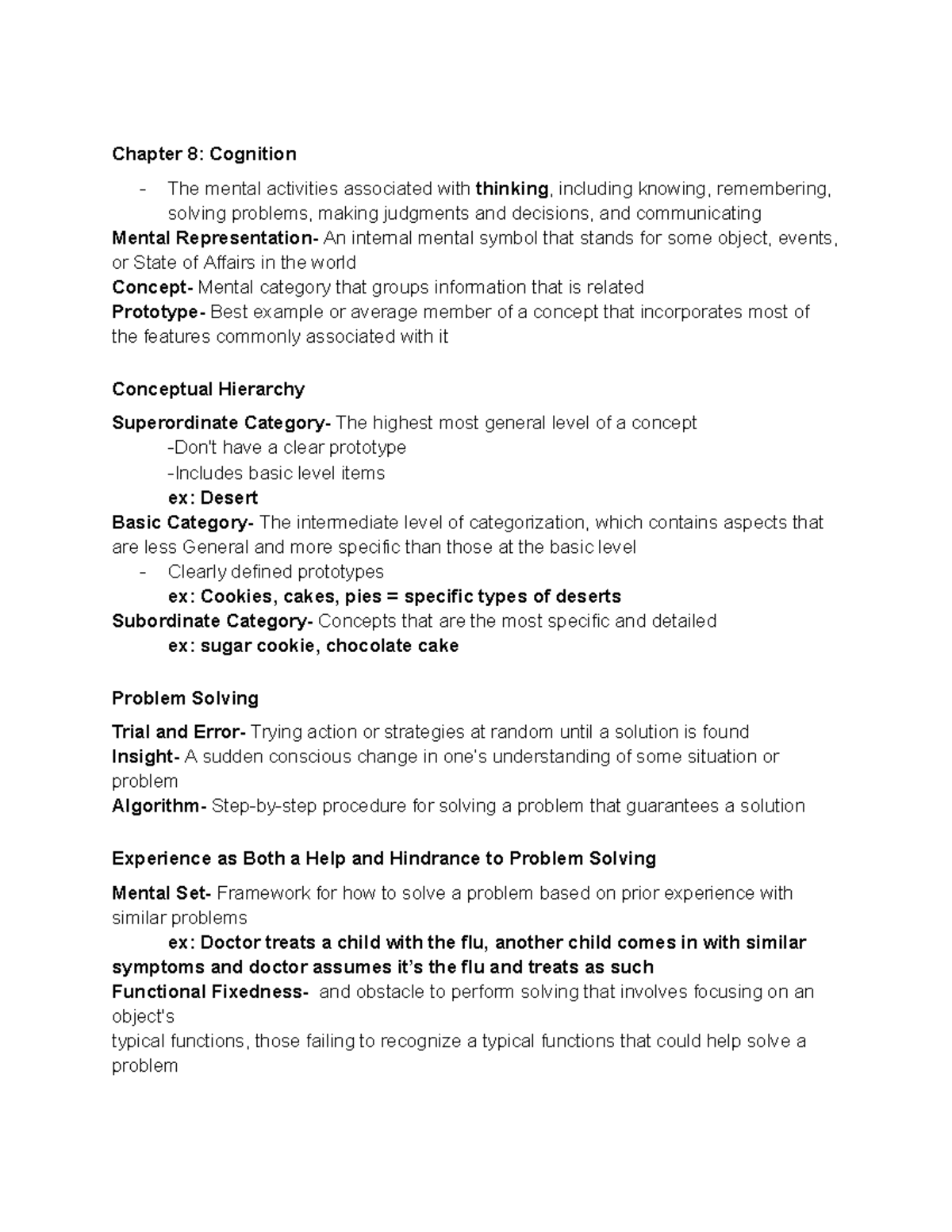 UMBC PSYC 100 Ch. 8 Notes - Chapter 8: Cognition The mental activities ...
