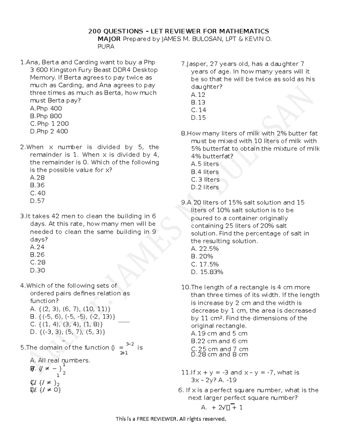 200 Questions - LET Reviewer for Mathematics Major - 200 QUESTIONS ...