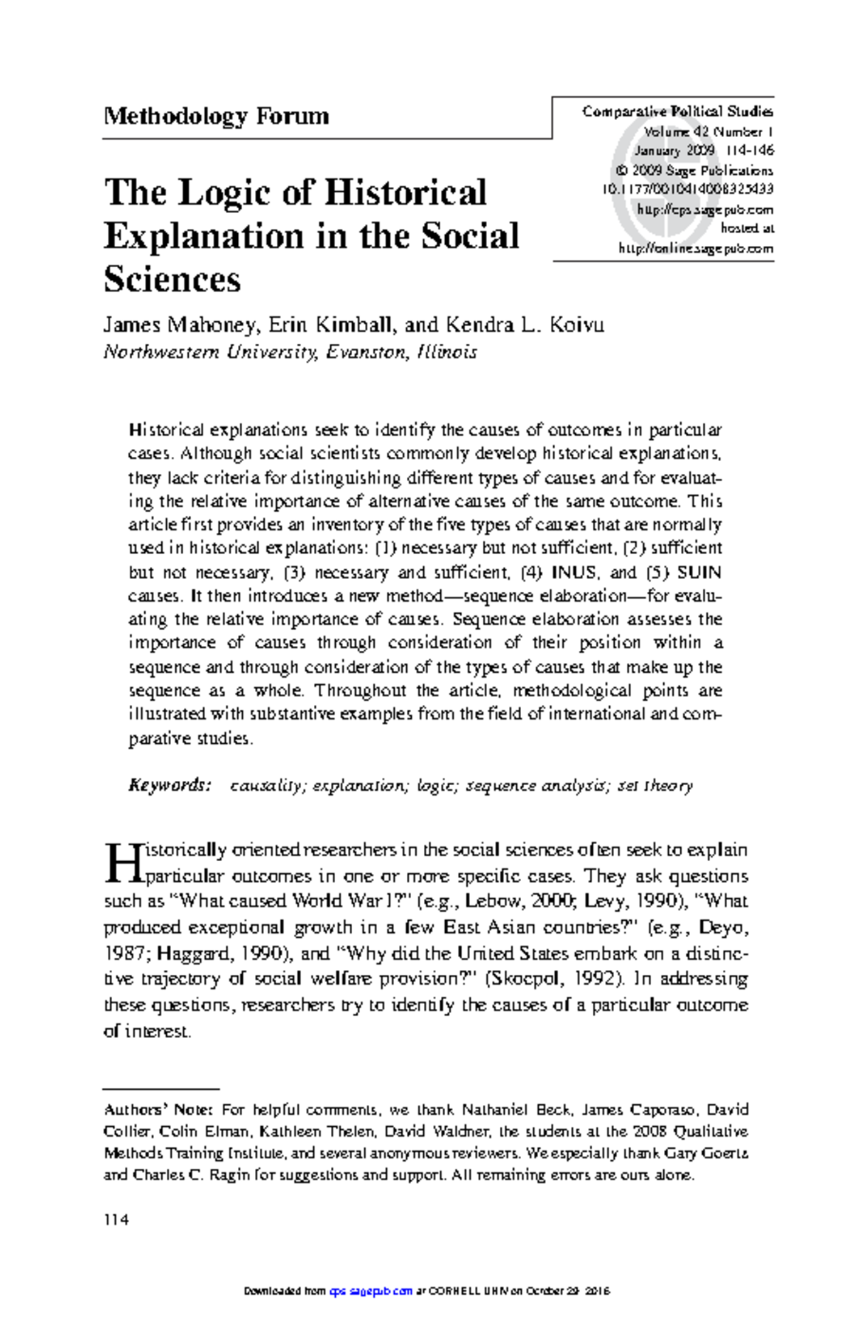 The Logic of Historical Explanation in the Social Sciences