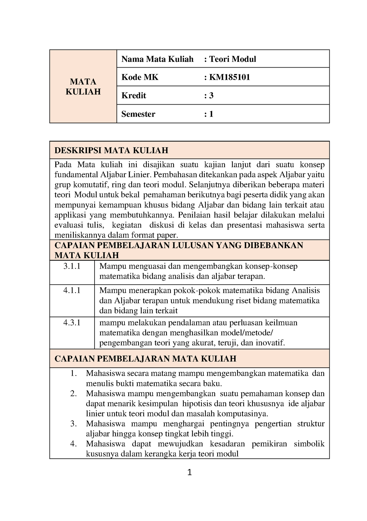 Teori- Modul - 1 MATA KULIAH Nama Mata Kuliah : Teori Modul Kode MK ...