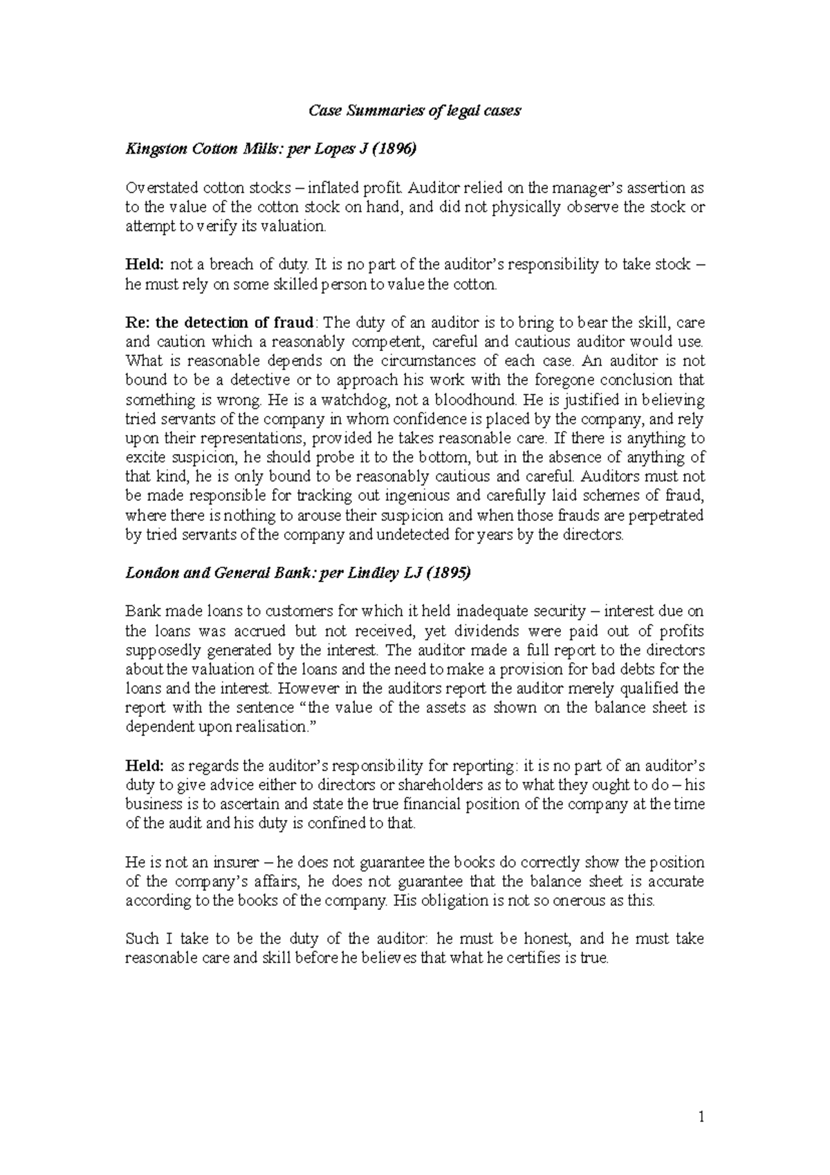 Case summary Case Summaries of legal cases Kingston Cotton Mills per