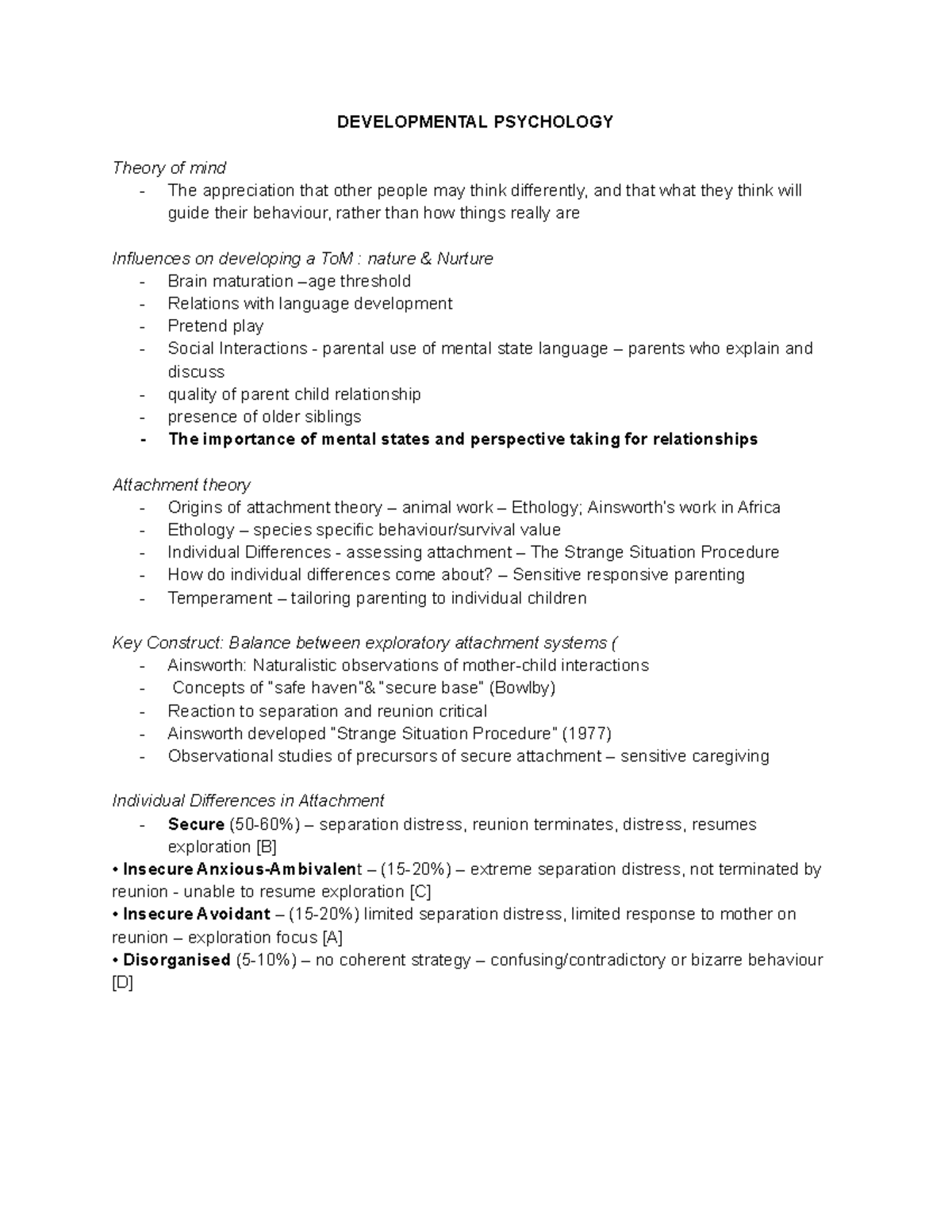1105 FINAL EXAM LECTURE NOTES - DEVELOPMENTAL PSYCHOLOGY Theory of mind ...
