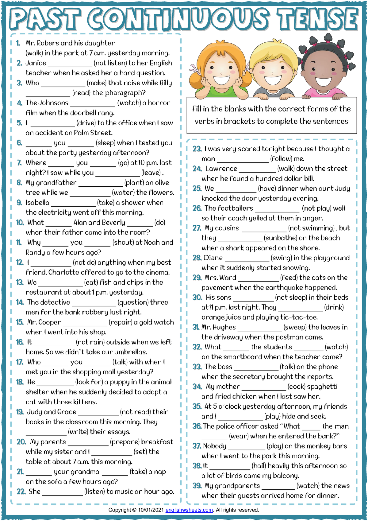 Past continuous tense esl printable gap fill exercise worksheet ...