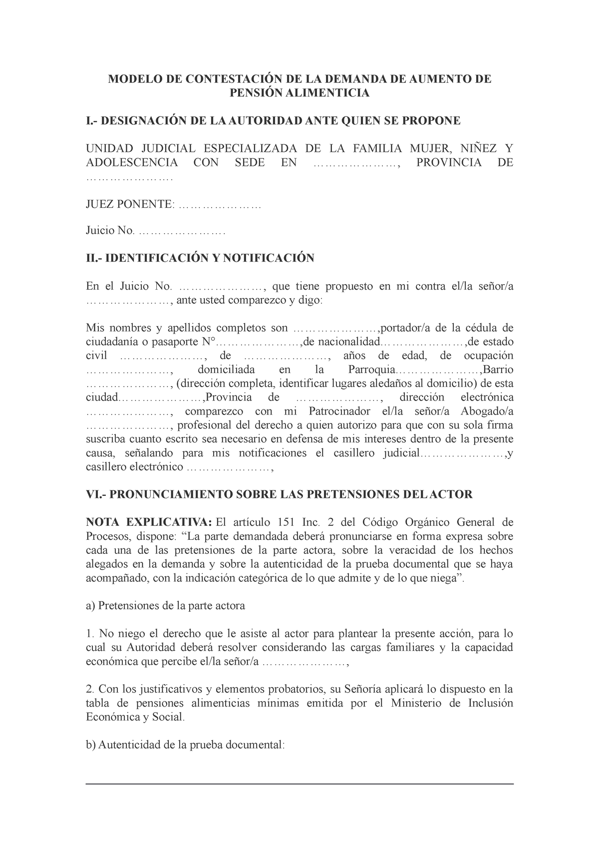 Modelo DE Contestacion DE LA Demanda DE Aumento DE Pension Alimenticia MODELO DE