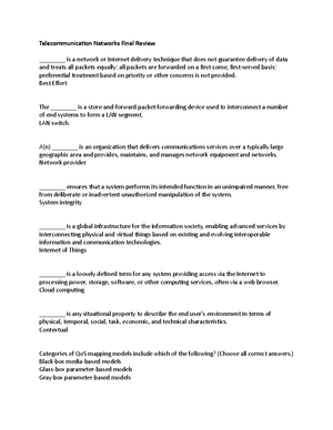 Telecommunication Networks Final Review - Telecommunication Networks ...