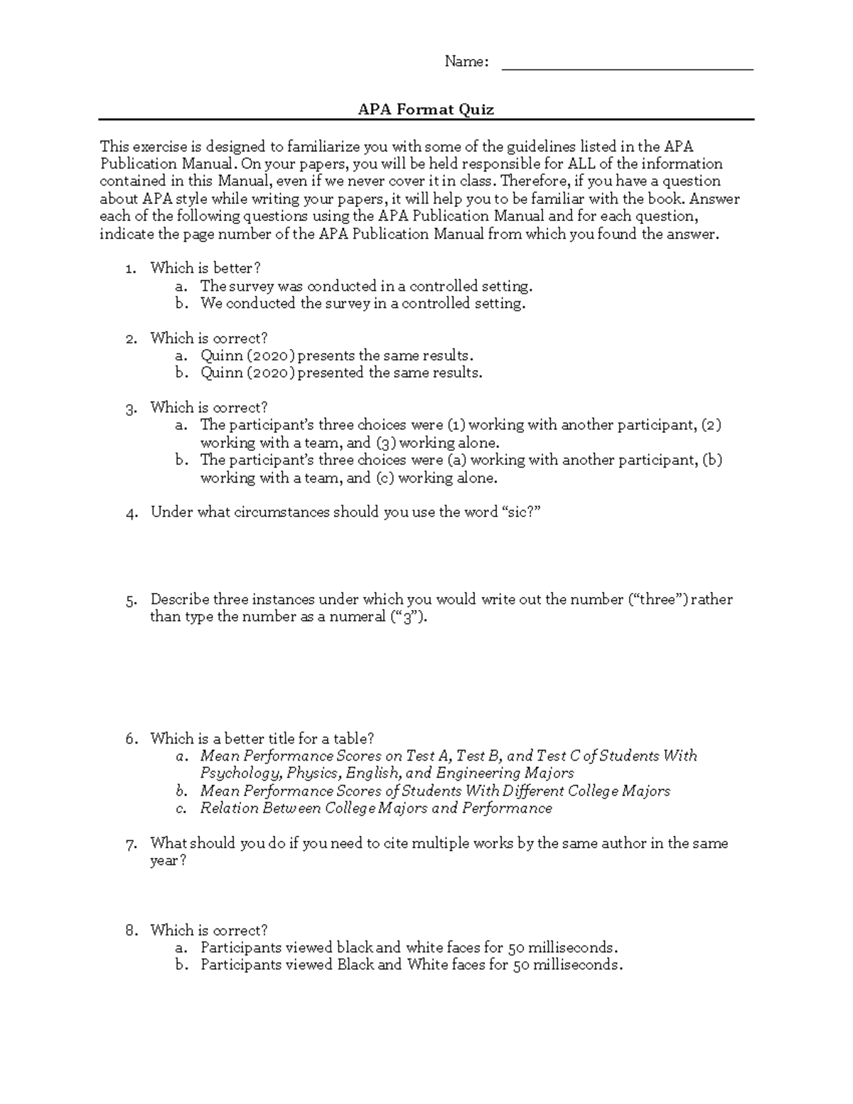APA Format Quiz Activity 2020 - Name ...